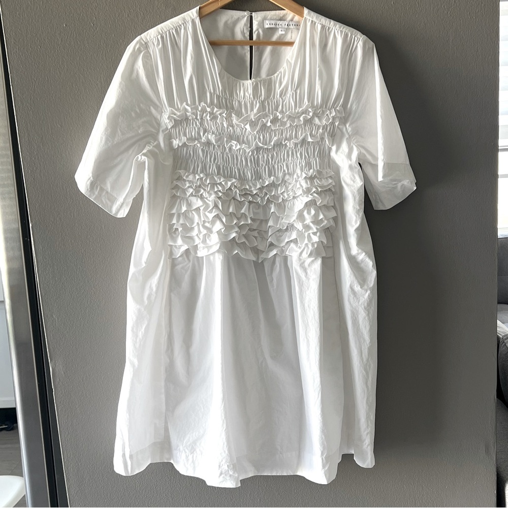 English Factory White Ruffle Detailed Shirt Dress Lined Sz Large Pockets Bridal